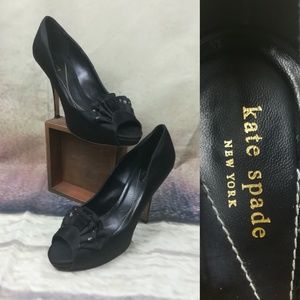 Kate Spade black sequin ruffle satin peep toe heel